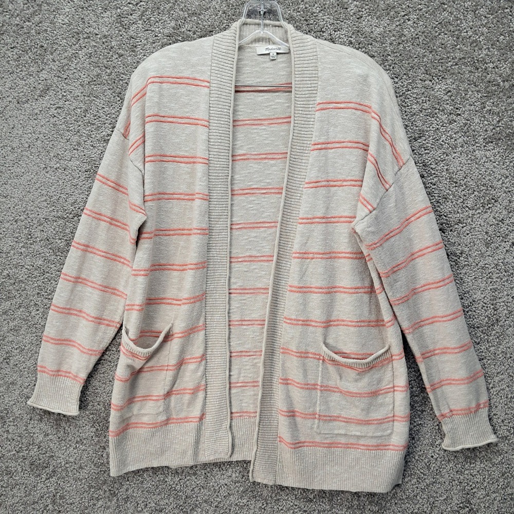 Madewell Striped Open Front Cardigan Sweater Beige Coral Pink Cotton Blend Med
